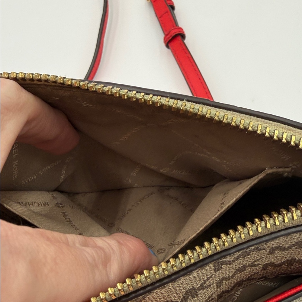 Michael Kors Brown Monogram Crossbody with Red and Pink Stripes - Picture 8 of 9
